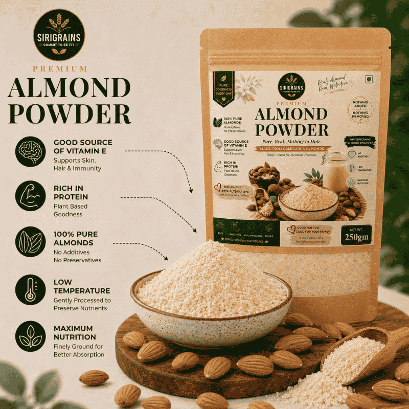 Finely Ground Pure Almond Powder Showing Natural Creamy Texture Premium California Almond Quality by Sirigrains