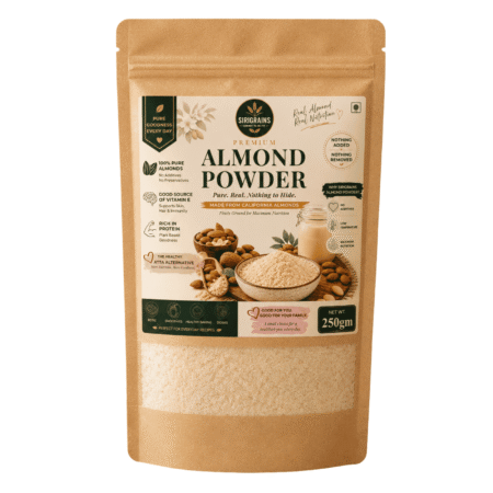 Organic Almond Powder by SiriGrains made from premium almonds, finely ground natural almond flour, rich in protein, healthy fats and nutrients, 100% natural and unprocessed.