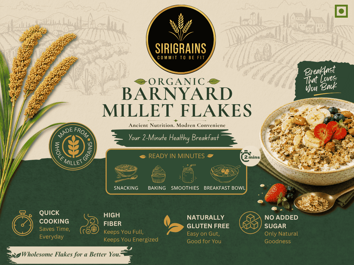 SiriGrains Organic barnyard Millet Flakes Premium Red Finger Millet Whole Grain Breakfast Naturally Gluten Free Ready to Cook instant food best replacement for junk food corn and rice flakes