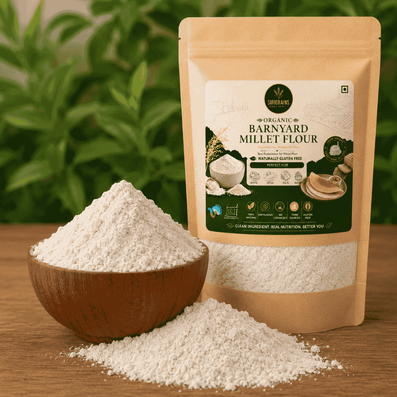 Fresh Stone Ground Barnyard Millet Flour Showing Fine Natural Texture and Authentic Heritage Grain Quality by Sirigrains