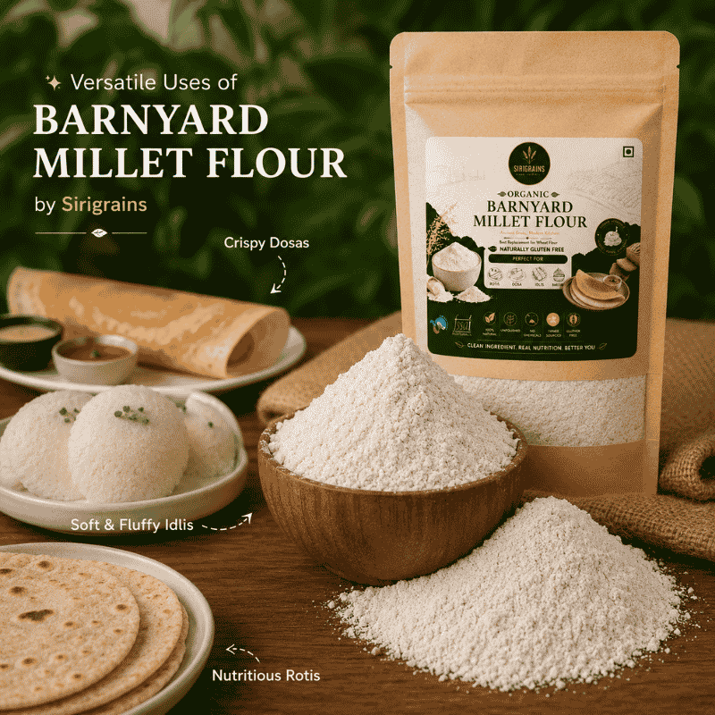 Organic Barnyard Millet Flour Used for Soft Rotis Dosa Idli Pancakes and Traditional Homemade Recipes by Sirigrains