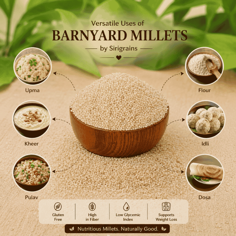 Organic Barnyard Millet Prepared for Khichdi Millet Rice Upma Pulao and Traditional Indian Recipes by Sirigrains