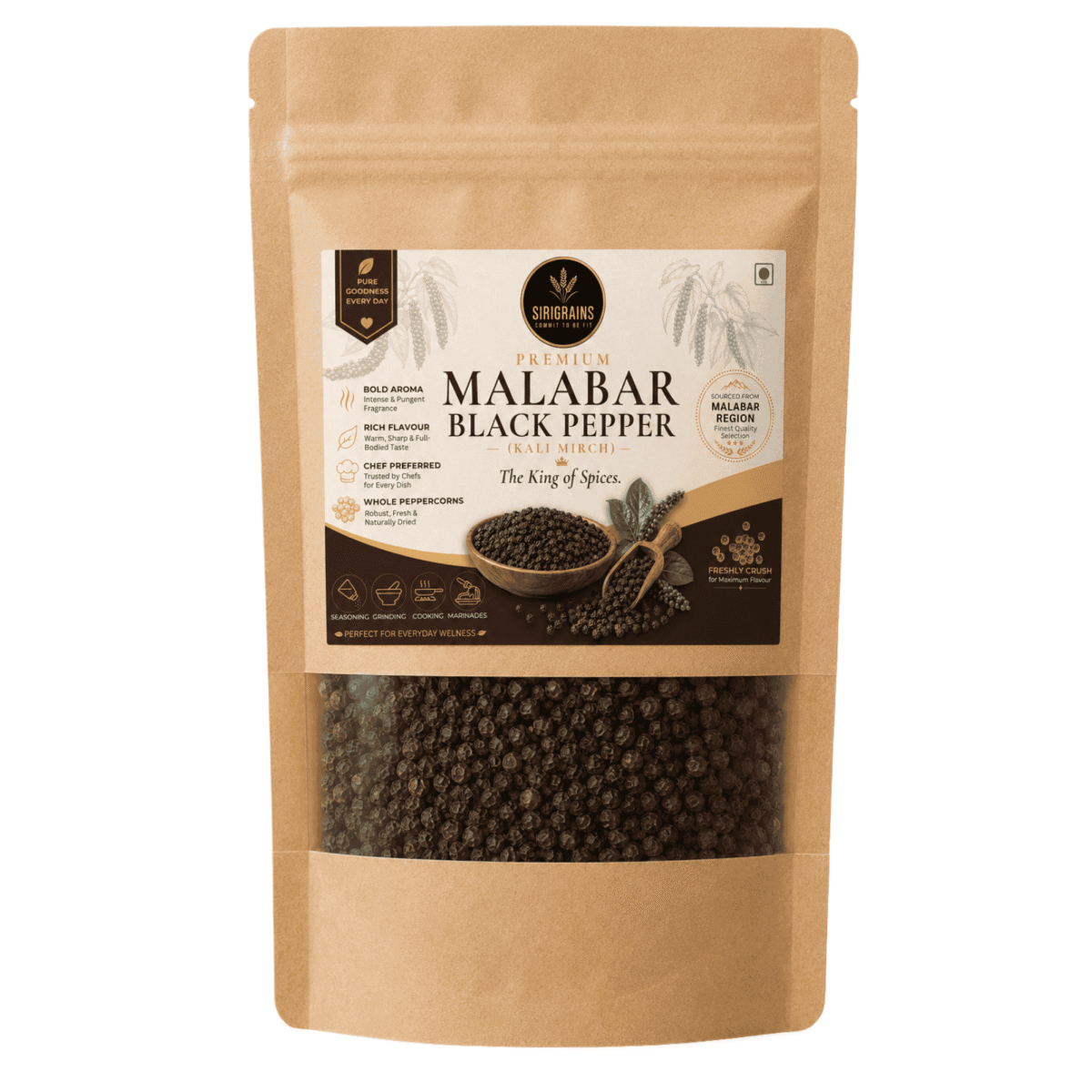 Malabar Black Pepper 100g/250g, Whole Peppercorns Kali Mirch, High Piperine 5-7% 1 Malabar Black Pepper Kali Mirch Garbled Premium Whole Peppercorns Sirigrains