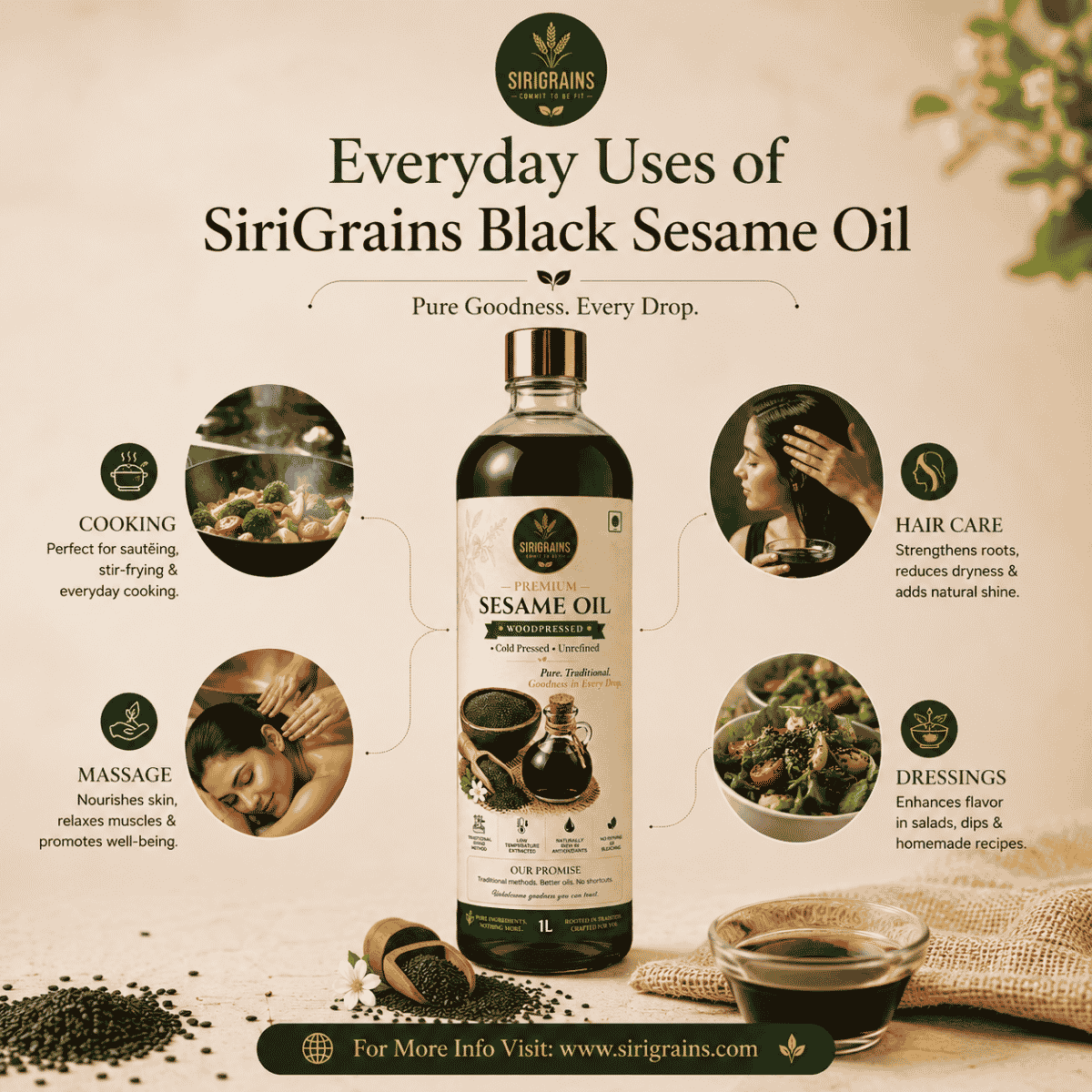 Wood Pressed Black Sesame Oil for Indian Cooking Stir Frying Tempering Pickles Salad Dressings and Traditional Recipes by SiriGrains