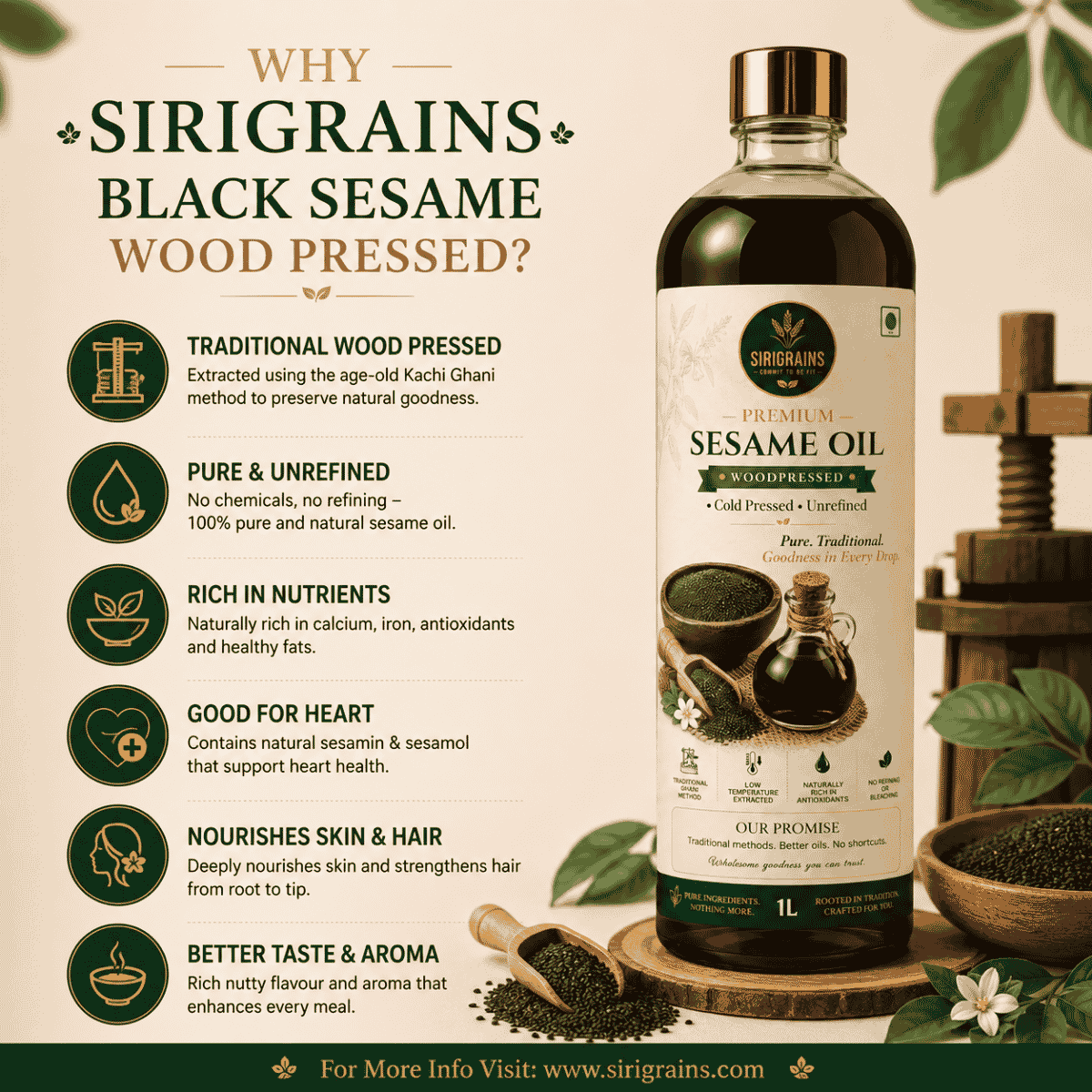 Wood Pressed Black Sesame Oil Naturally Rich in Healthy Fats Vitamin E and Traditional Culinary Goodness by SiriGrains