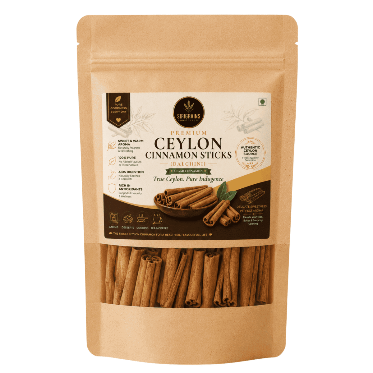 Sirigrains Premium Cinnamon Sticks Dalchini Ceylon Cassia Cinnamon Whole Spice in Kraft Stand Up Pouch