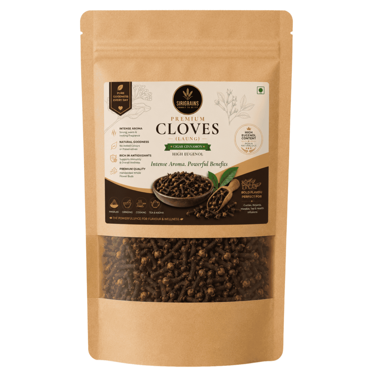 Cloves 100g/250g, Whole Flower Buds, High Eugenol 15-20% Laung 1 Sirigrains Premium Cloves Laung Whole Flower Buds High Eugenol Whole Spice in Kraft Stand Up Pouch