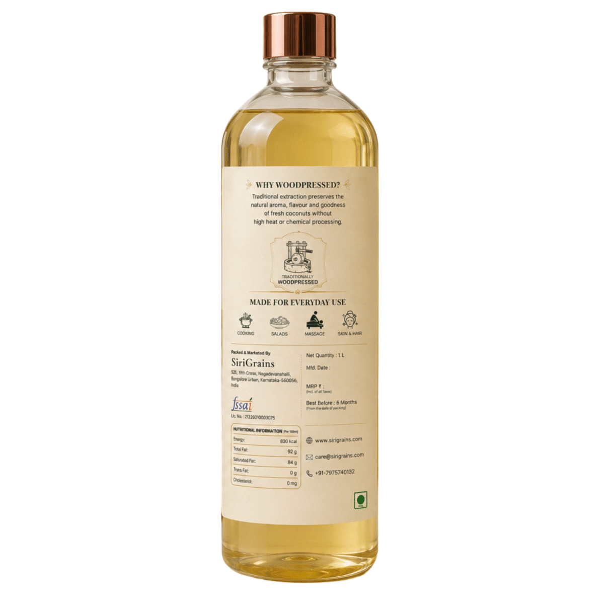 Back Label of SiriGrains Wood Pressed Coconut Oil Showing Nutrition Facts Traditional Extraction Storage Instructions and Product Information