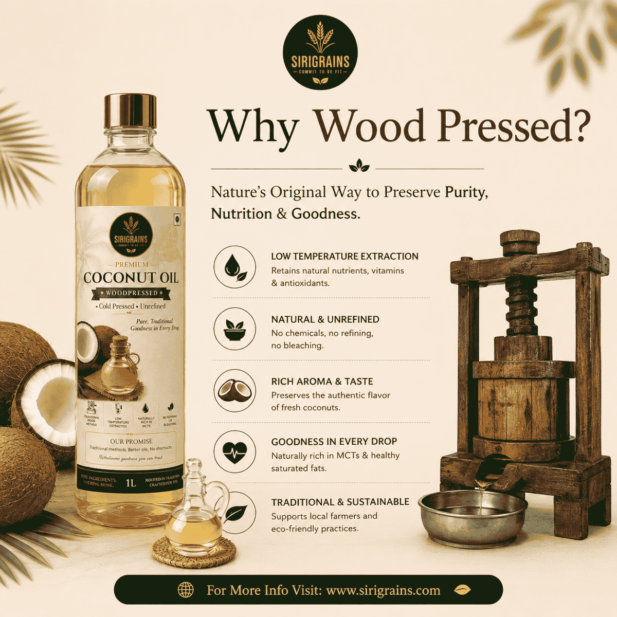 Wood Pressed Virgin Coconut Oil Naturally Rich in Healthy Fats MCTs and Everyday Culinary Nutrition by SiriGrains