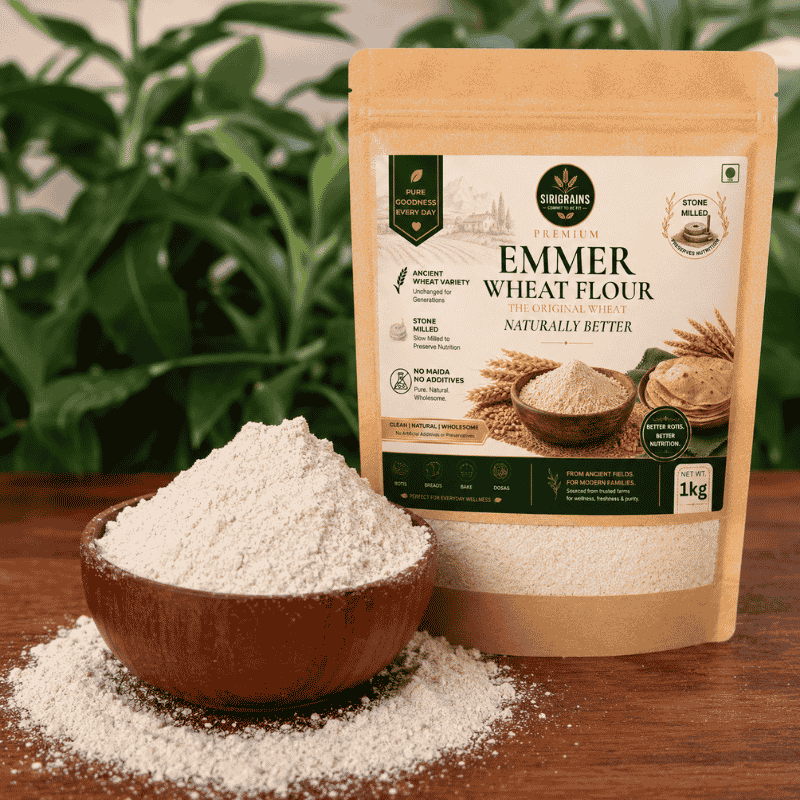 Fresh Stone Ground Emmer Wheat Flour Showing Fine Natural Texture Heritage Grain Quality and Authentic Freshness by Sirigrains
