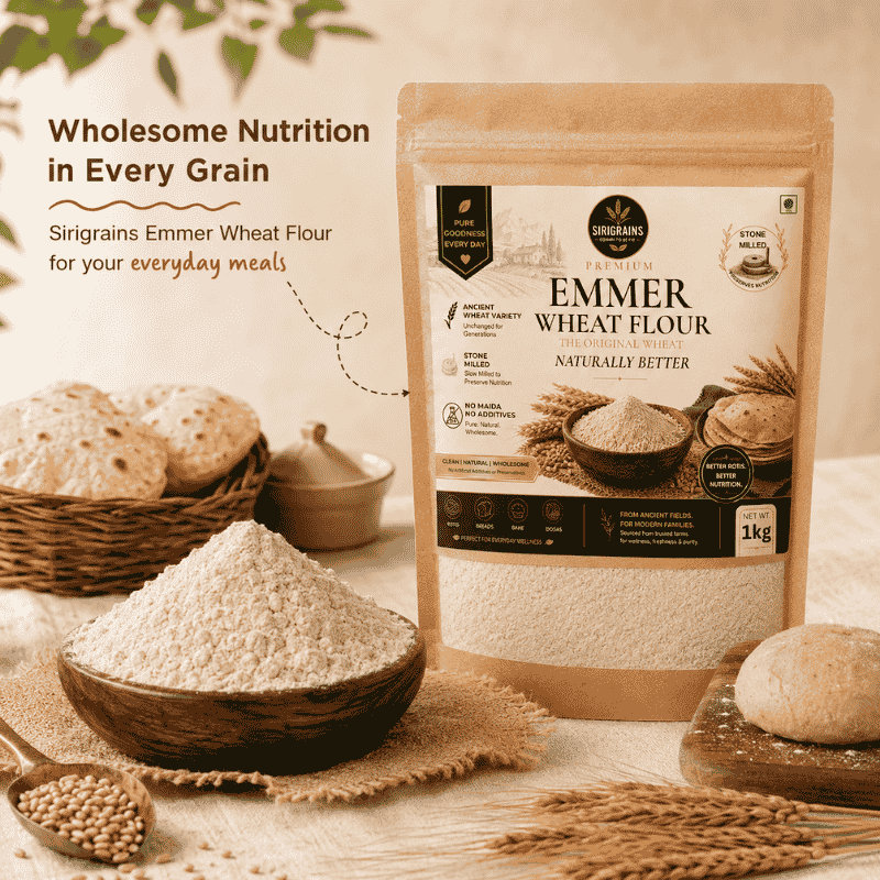 Ancient Emmer Wheat Flour Naturally Rich in Dietary Fiber Plant Based Nutrition and Whole Grain Goodness by Sirigrains