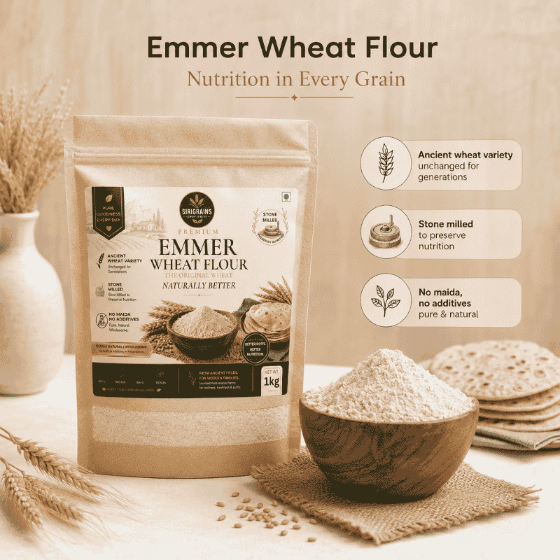 Ancient Emmer Wheat Flour Naturally Rich in Dietary Fiber Plant Based Nutrition and Whole Grain Goodness by Sirigrains