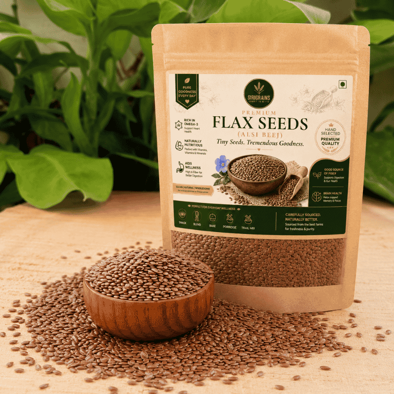 Premium Flax Seeds Alsi in Wooden Bowl Natural Omega 3 Rich Healthy Seeds Sirigrains