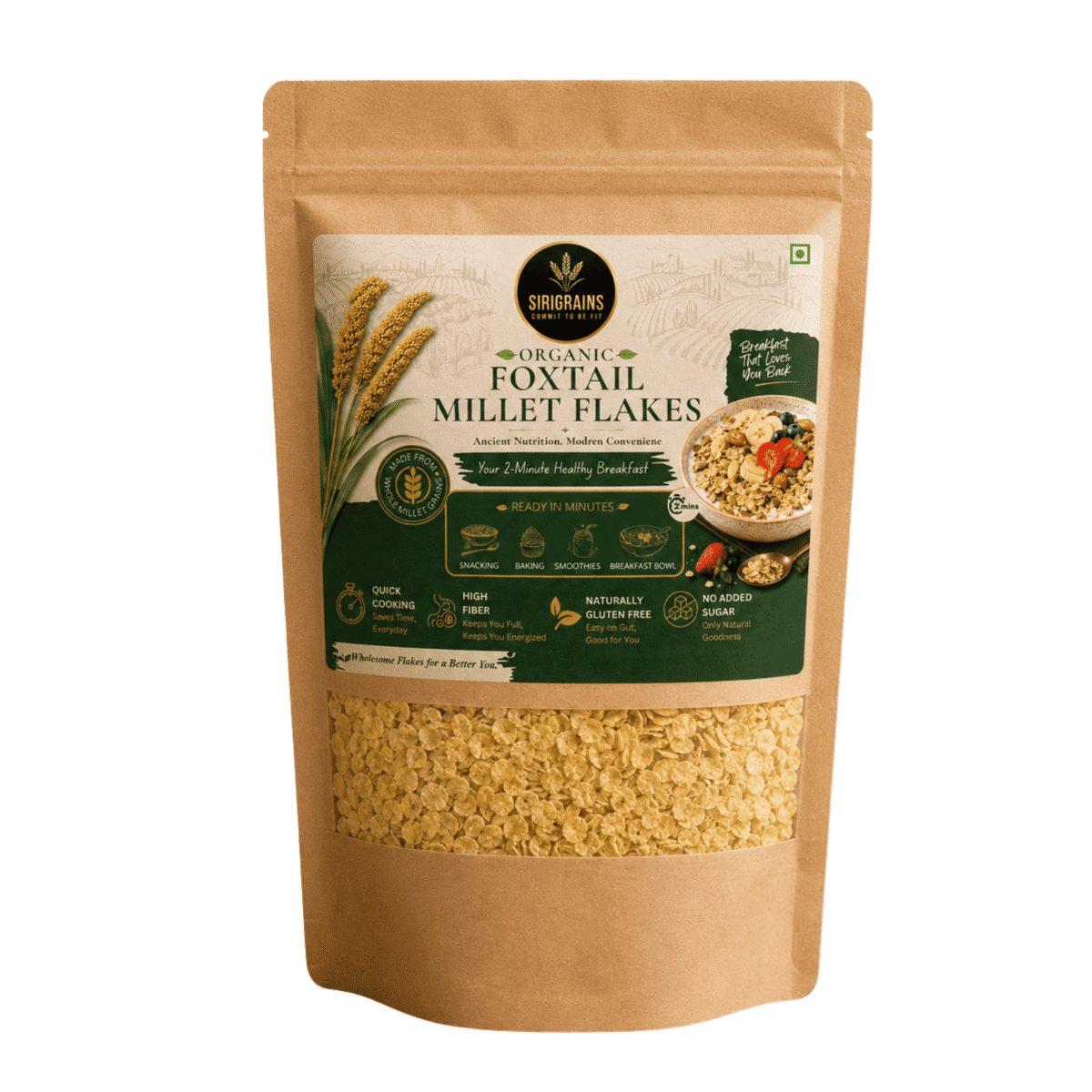 Foxtail Millet Flakes 500g, Instant Breakfast Cereal 1 SiriGrains Organic foxtail Millet Flakes Premium Red Finger Millet Whole Grain Breakfast Naturally Gluten Free Ready to Cook instant food best replacement for junk food corn and rice flakes