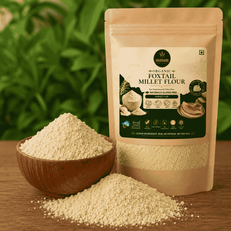 Fresh Stone Ground Foxtail Millet Flour Showing Fine Golden Texture and Authentic Heritage Grain Quality by Sirigrains