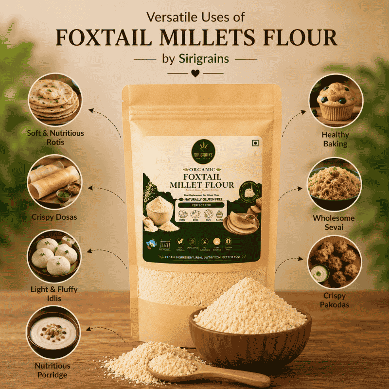Organic Foxtail Millet Flour Used for Soft Rotis Dosa Idli Baking Pancakes and Healthy Homemade Recipes by Sirigrains