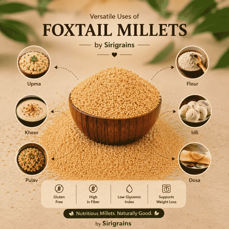 Organic Foxtail Millet Cooked for Millet Rice Upma Pongal Khichdi Salads and Traditional Indian Recipes by Sirigrains