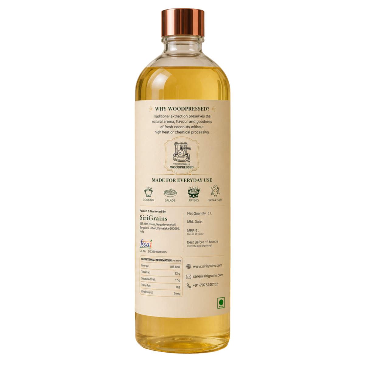 Back Label of SiriGrains Wood Pressed Groundnut Oil Showing Nutrition Facts Traditional Extraction Storage Instructions and Product Information