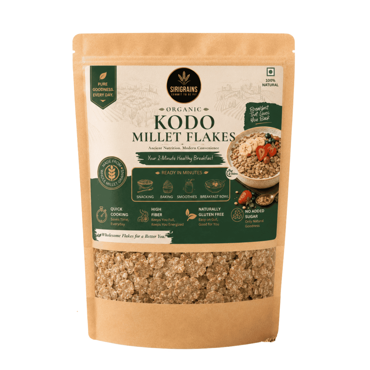 Organic Kodo Millet Flakes (500g) - Instant Breakfast Cereal 1 SiriGrains Organic Kodo Millet Flakes Premium Ancient Whole Grain Breakfast Naturally Gluten Free Ready to Cook