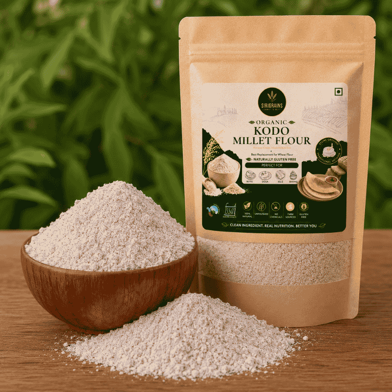 Fresh Stone Ground Kodo Millet Flour Showing Fine Natural Texture and Authentic Heritage Grain Quality by Sirigrains