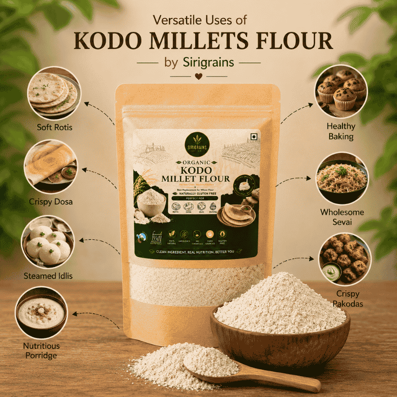 Organic Kodo Millet Flour Used for Soft Rotis Dosa Idli Baking and Traditional Indian Homemade Recipes by Sirigrains