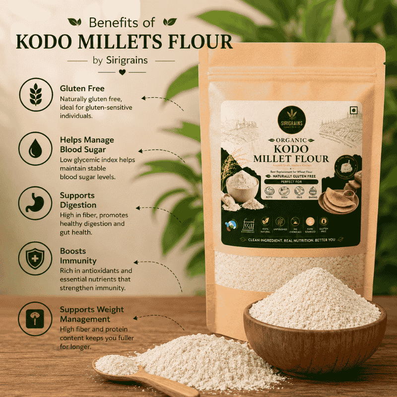 Ancient Kodo Millet Flour Naturally Rich in Dietary Fiber Plant Based Nutrition and Wholesome Everyday Meals by Sirigrains