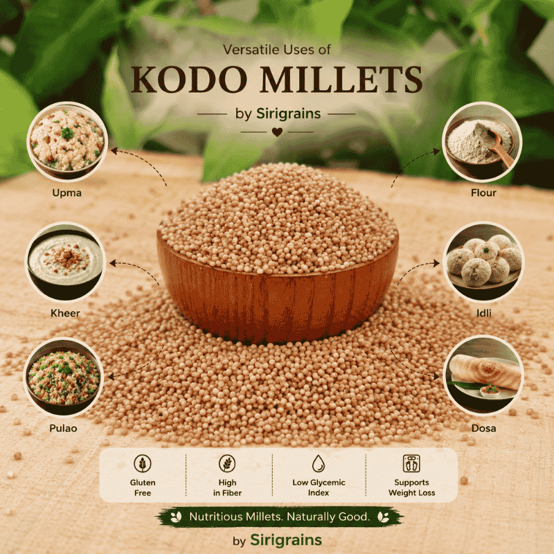 Organic Kodo Millet Prepared for Millet Rice Khichdi Pulao Upma and Traditional Indian Recipes by Sirigrains