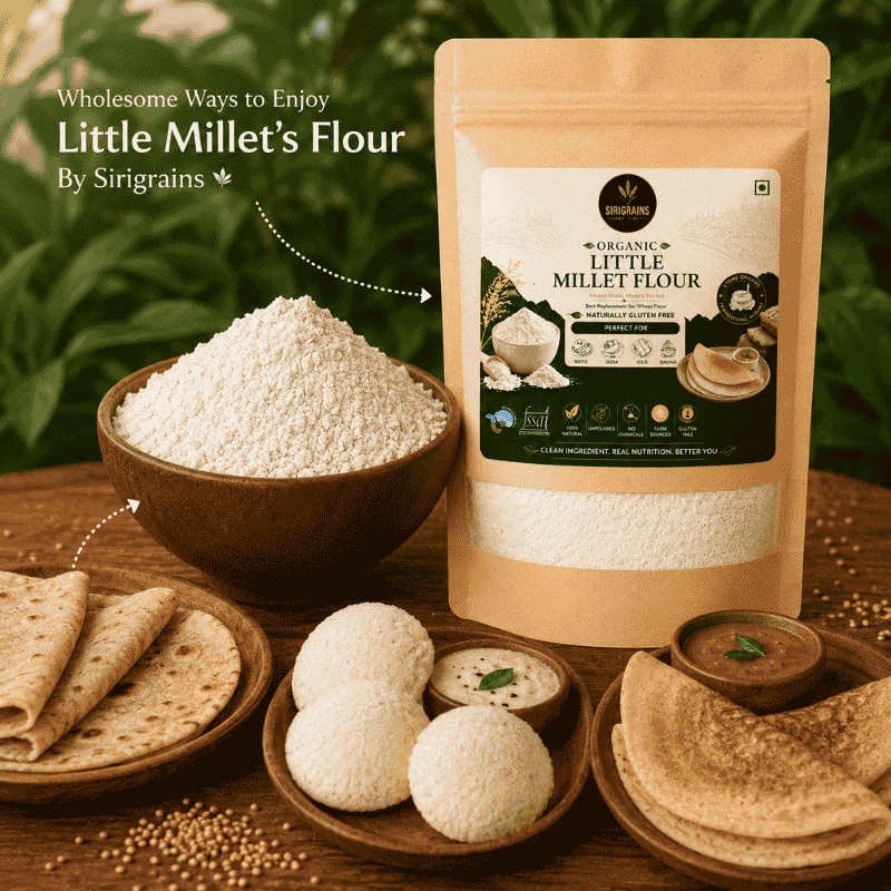 Organic Little Millet Flour Used for Soft Rotis Dosa Idli Pancakes and Healthy Homemade Recipes by Sirigrains