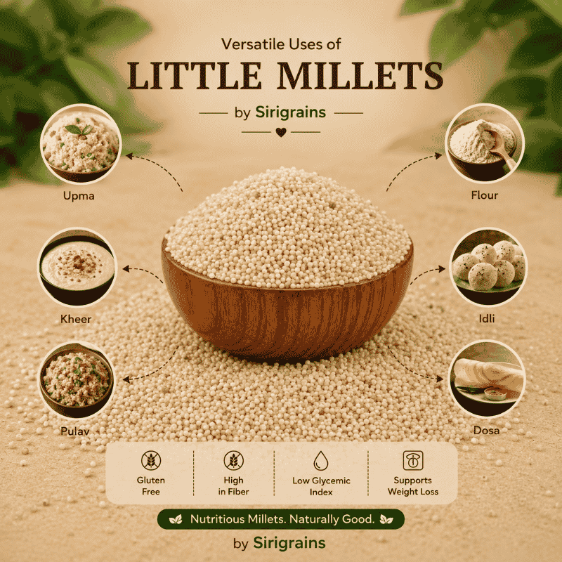 Organic Little Millet Cooked for Millet Rice Upma Pongal Khichdi and Traditional Indian Recipes by Sirigrains