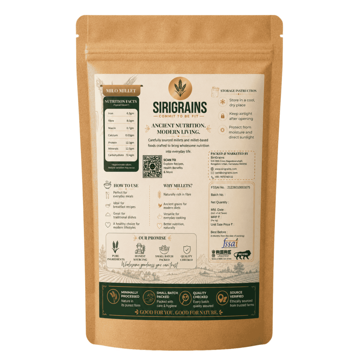 SiriGrains Organic Jowar Millet Flakes Showing Nutrition Facts Preparation Guide Storage Instructions and Product Information