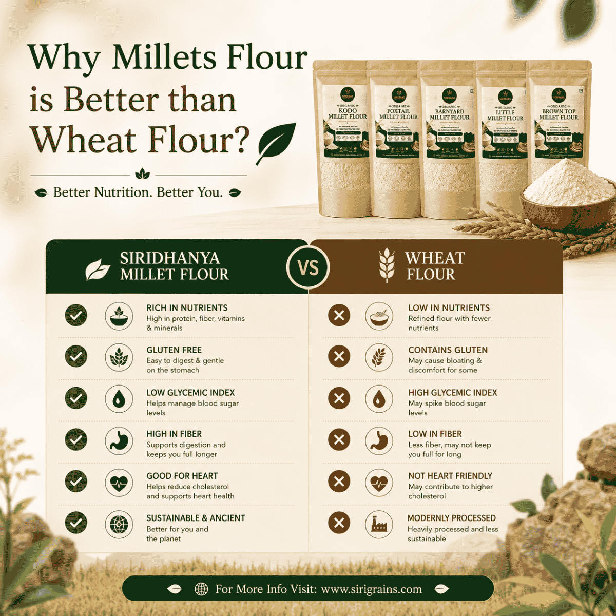 Stone Ground Positive Millet Flours Compared with Refined Flour for Wholesome Everyday Cooking by SiriGrains