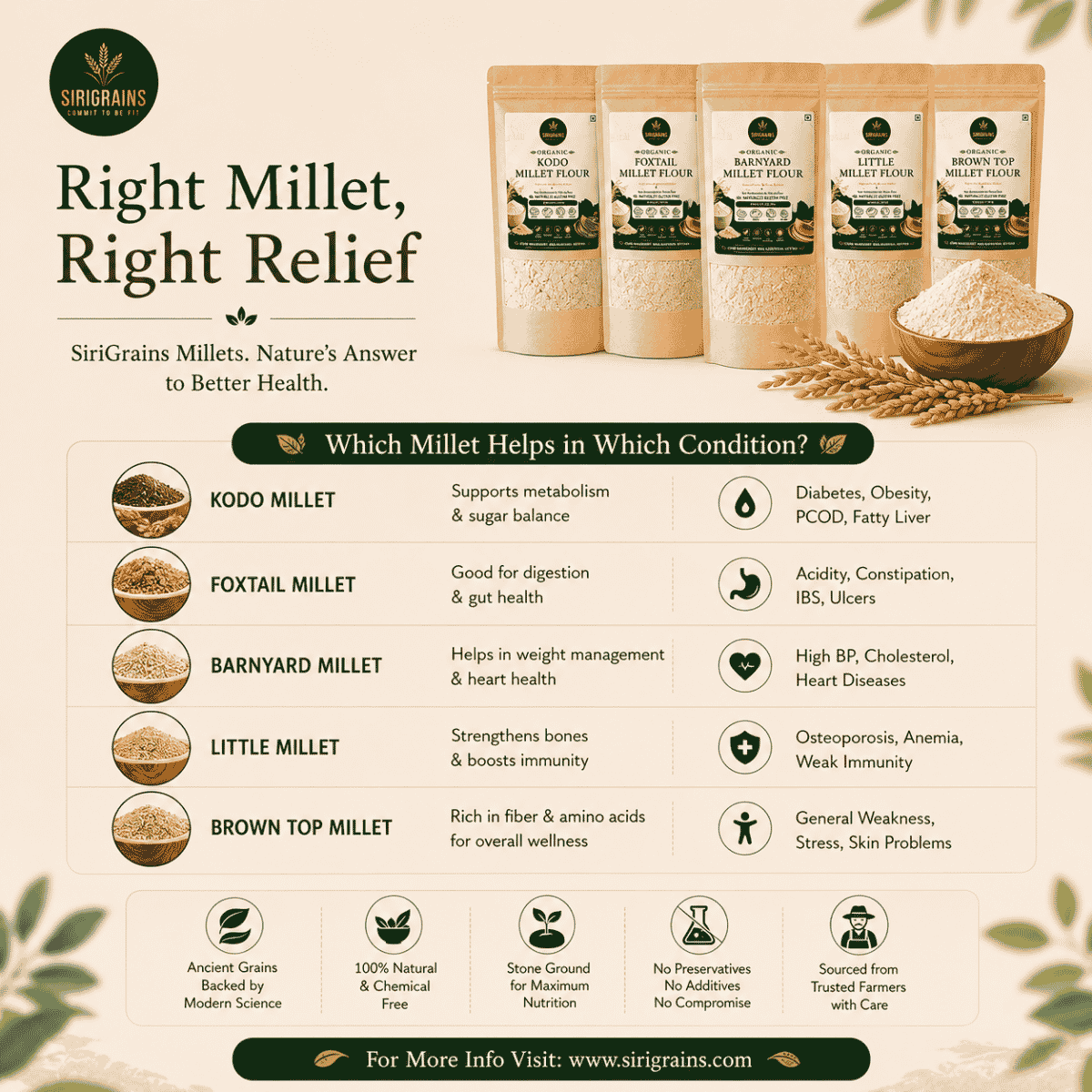 tone Ground Ancient Millet Flours Naturally Rich in Dietary Fiber Plant Based Nutrition and Heritage Whole Grain Goodness by SiriGrains
