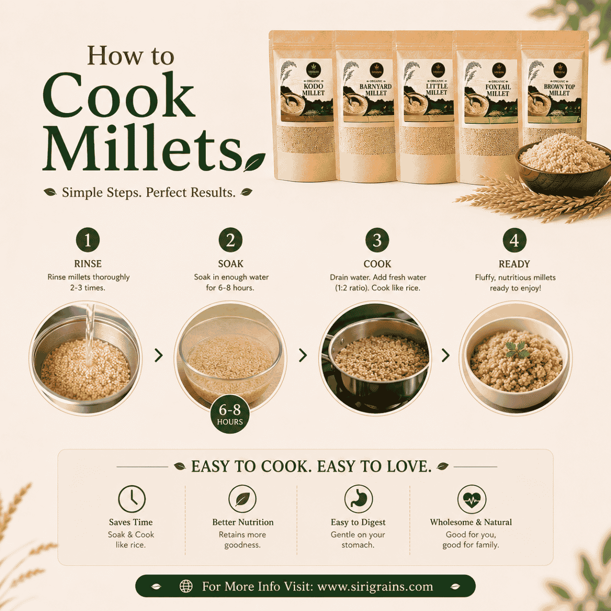 Easy Step by Step Cooking Guide for Positive Millets Including Soaking Water Ratio and Everyday Meal Preparation by SiriGrains