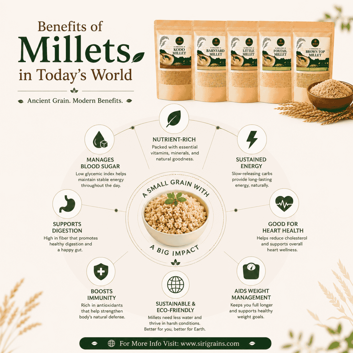 Five Ancient Positive Millets Naturally Rich in Dietary Fiber Plant Based Nutrition and Heritage Whole Grain Goodness by SiriGrains