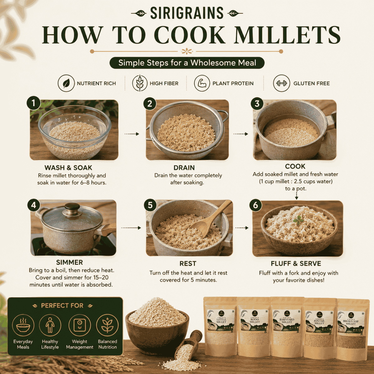 Simple Step by Step Guide to Cook Organic Millets Including Soaking Cooking Ratio and Everyday Meal Preparation by Sirigrains