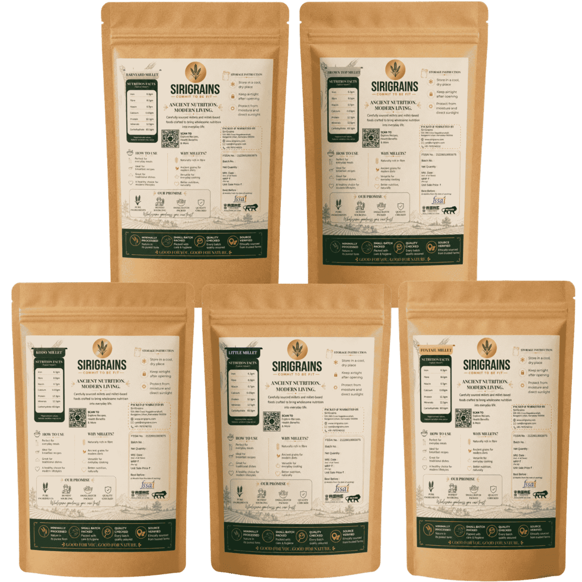 Back Label of Sirigrains Siridhanya Positive Millets Combo Pack Showing Product Information Cooking Guide and Quality Standards