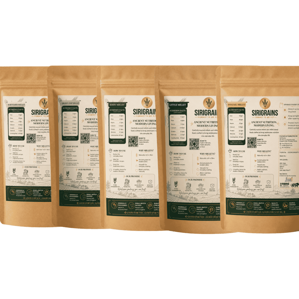 Back Label of Sirigrains Organic Millet Combo Pack Showing Product Information Cooking Instructions and Quality Standards