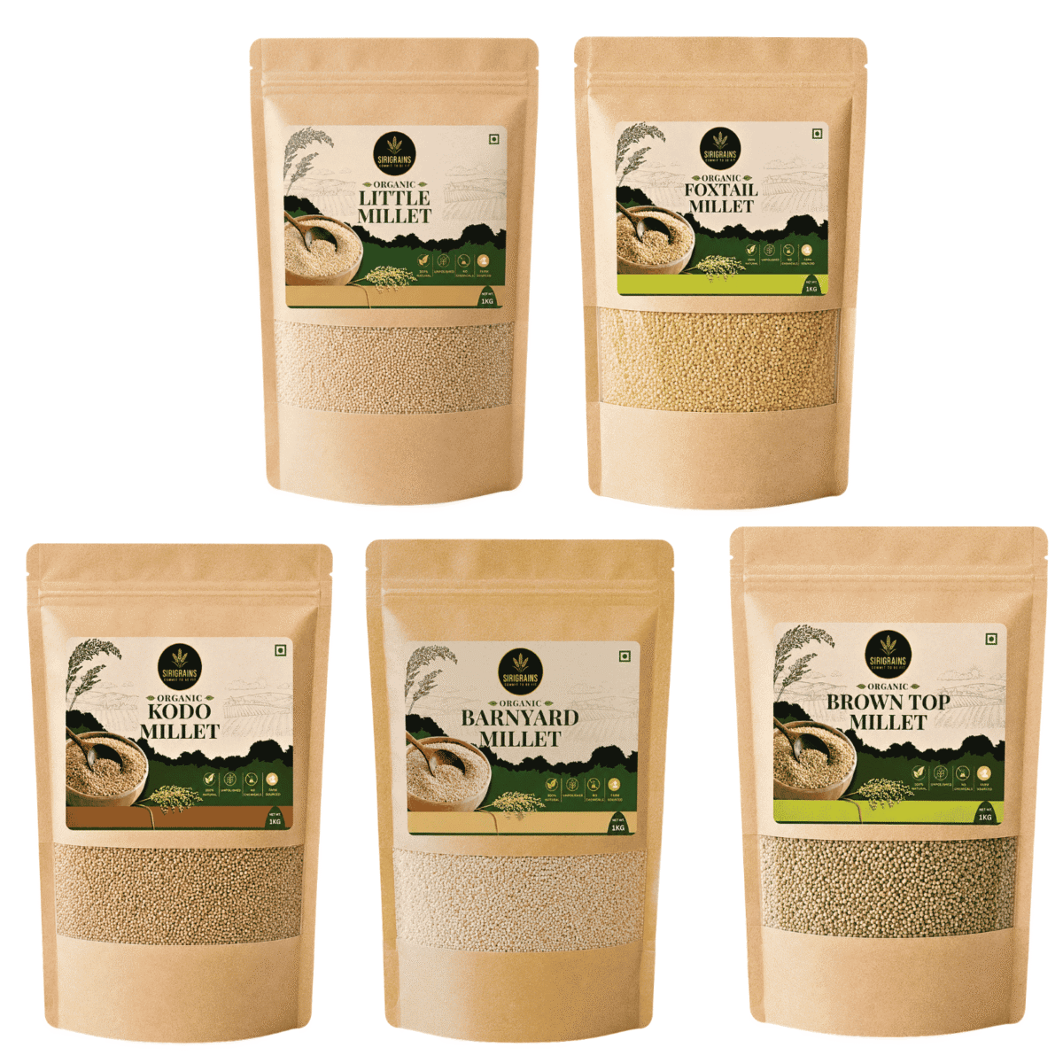 Siridhanya Combo Pack (5 Positive Millets x 500g) - Khader Vali Millets 1 Sirigrains Siridhanya Positive Millets Combo Pack Five Ancient Heritage Millets Naturally Gluten Free Whole Grains