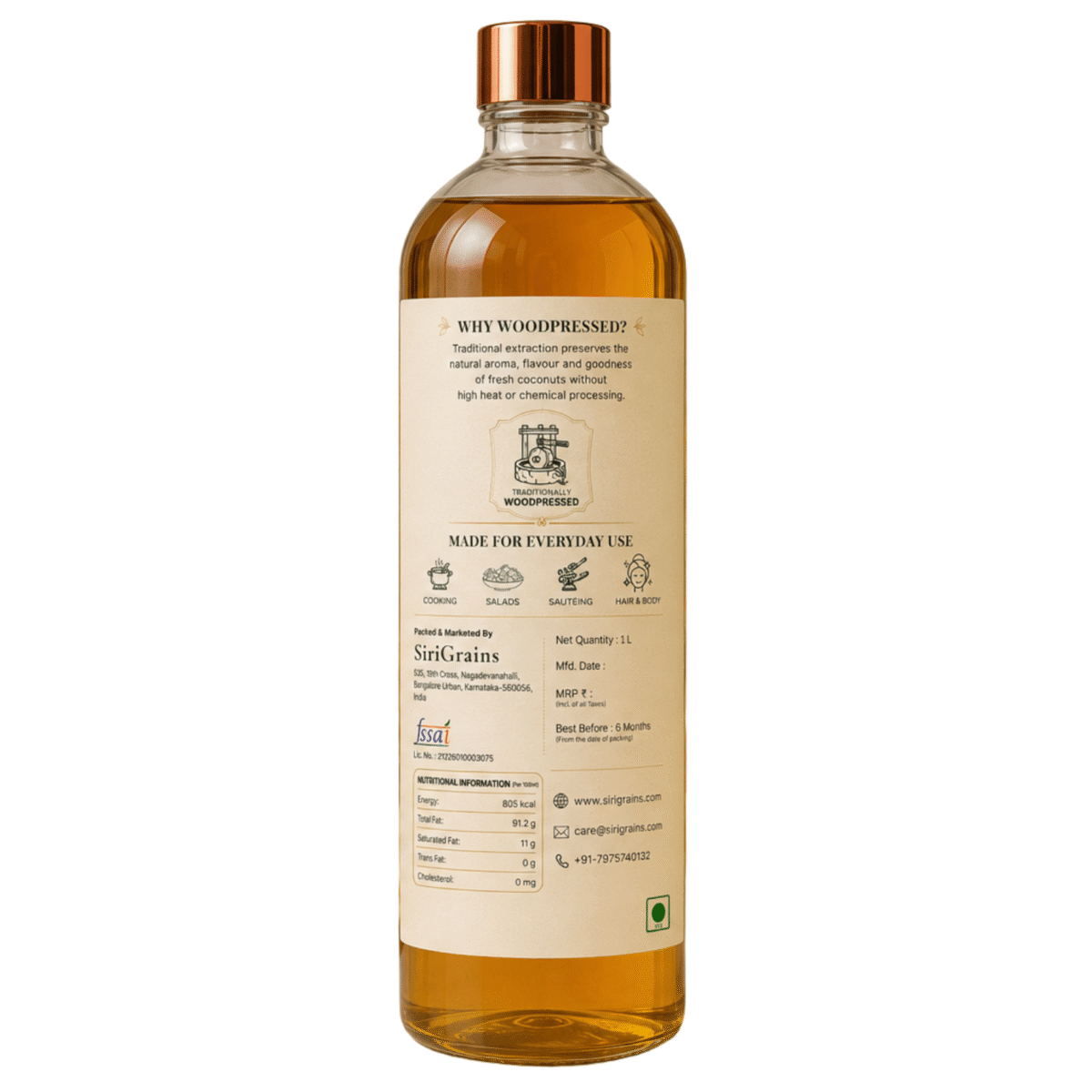 Back Label of SiriGrains Wood Pressed Mustard Oil Showing Nutrition Facts Traditional Extraction Storage Instructions and Product Information
