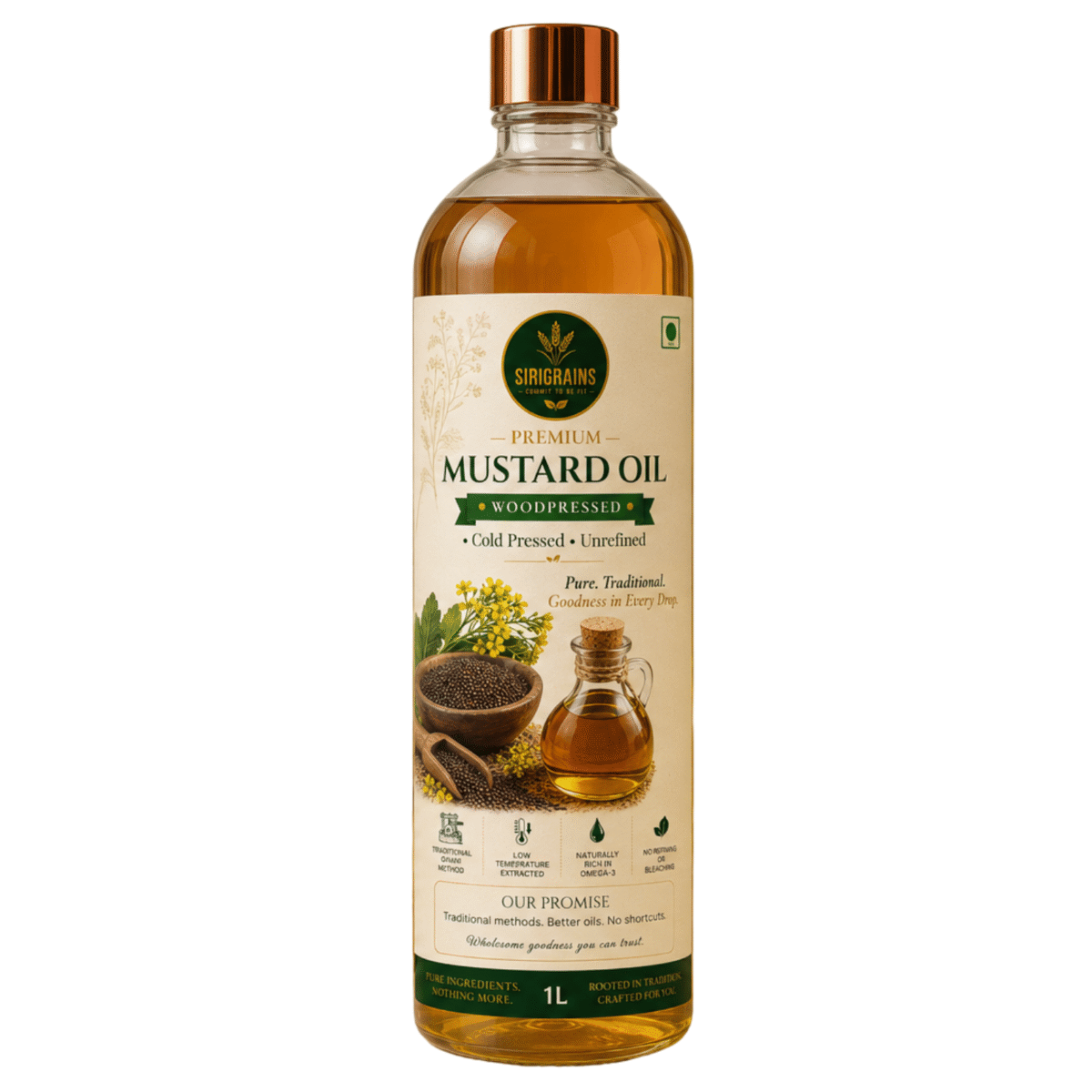 Wood Pressed Mustard Oil (1L) Kachi Ghani Cold Pressed 1 SiriGrains Wood Pressed Mustard Oil Kachi Ghani Cold Pressed Traditionally Extracted Premium Cooking Oil