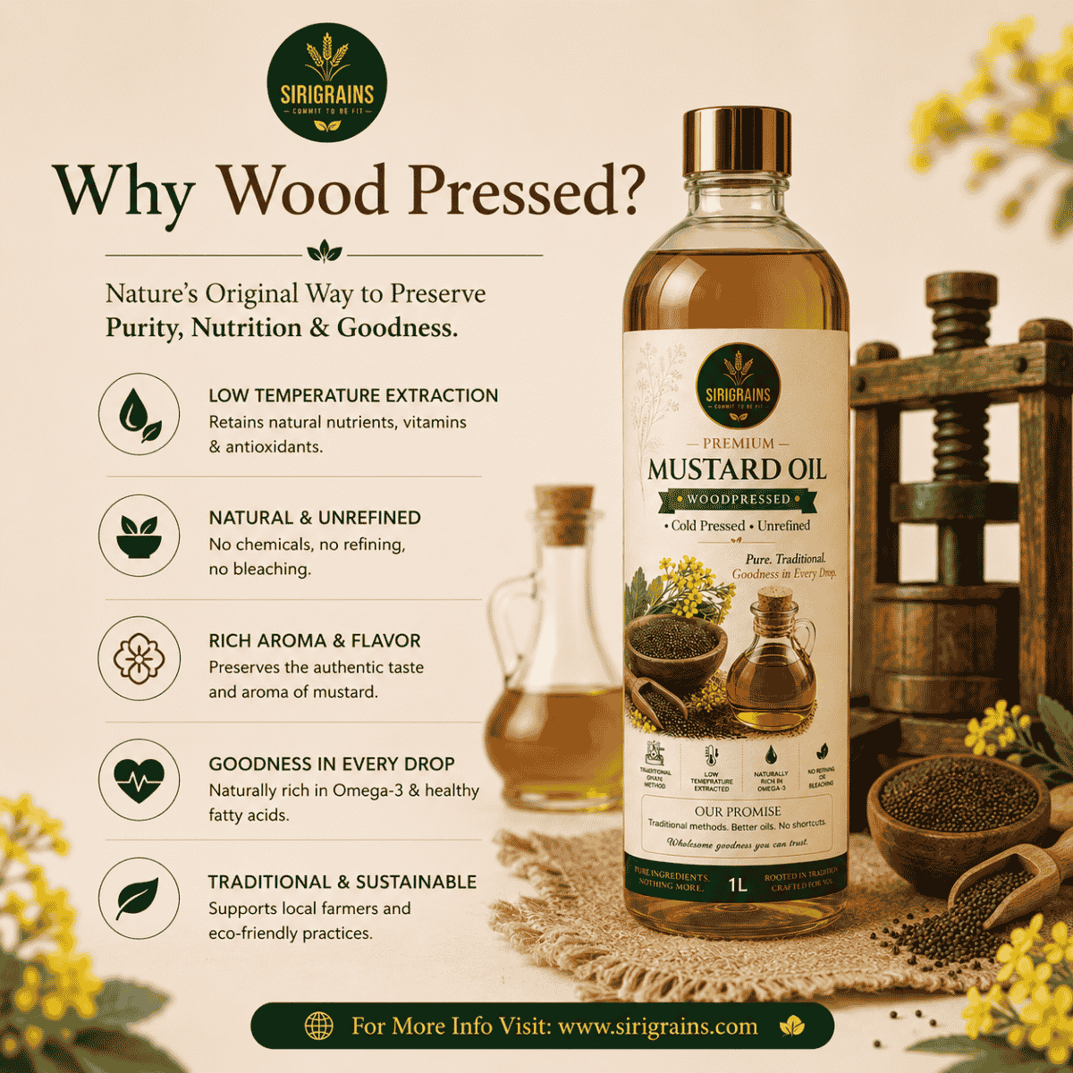 Wood Pressed Mustard Oil Compared with Refined Cooking Oil Highlighting Traditional Extraction Minimal Processing and Natural Flavor by SiriGrains