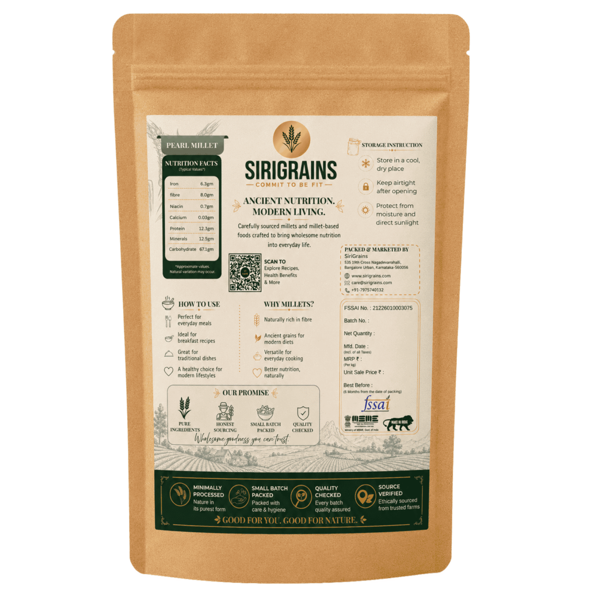 Ancient Indian organic pearl Millets Naturally Rich in Dietary Fiber Plant Based Nutrition and Everyday Whole Grain Goodness by Sirigrains