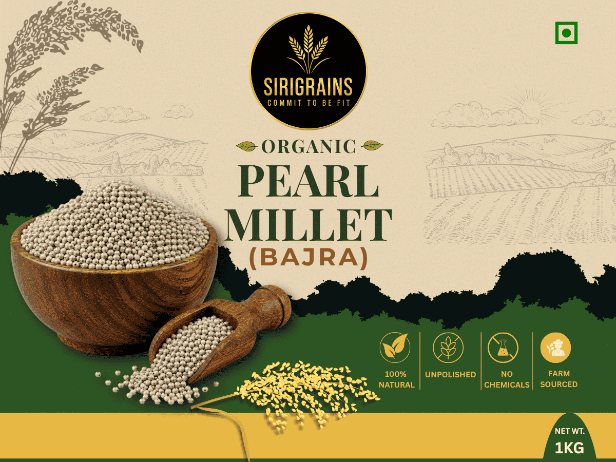 Ancient Indian organic pearl Millets Naturally Rich in Dietary Fiber Plant Based Nutrition and Everyday Whole Grain Goodness by Sirigrains brand