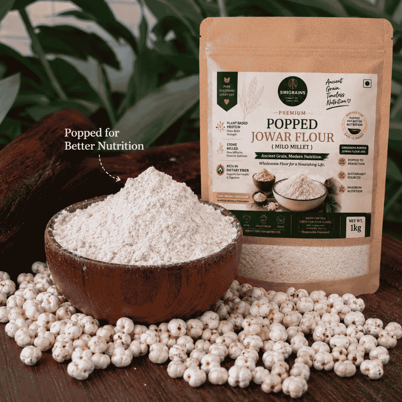 Premium Roasted Jowar Flour Crafted Using Traditional Popping Methods for Modern Healthy Kitchens by Sirigrains