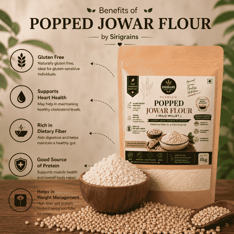 Traditional Popped Jowar Flour Naturally Rich in Dietary Fiber Plant Based Nutrition and Wholesome Everyday Wellness by Sirigrains