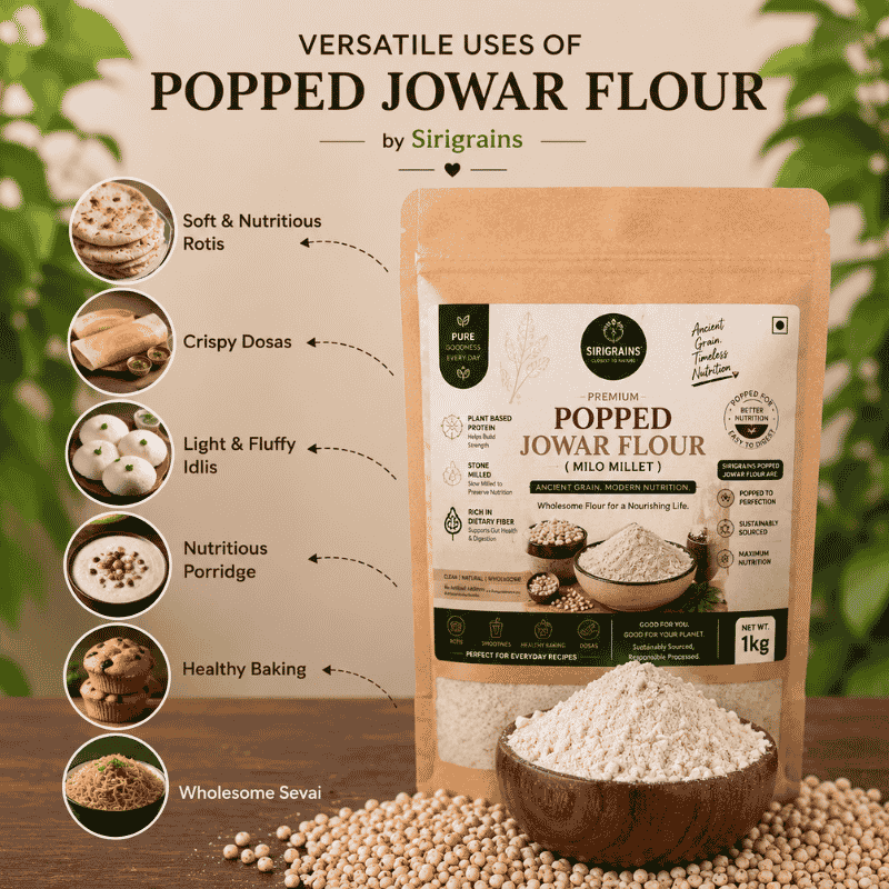 Popped Jowar Flour Used for Instant Malt Healthy Drinks Porridge Laddus and Traditional Homemade Recipes by Sirigrains