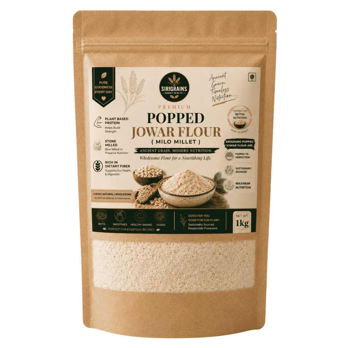 Sirigrains Popped Jowar Flour Traditional Roasted Sorghum Flour Instant Ready to Eat Heritage Grain Nutrition