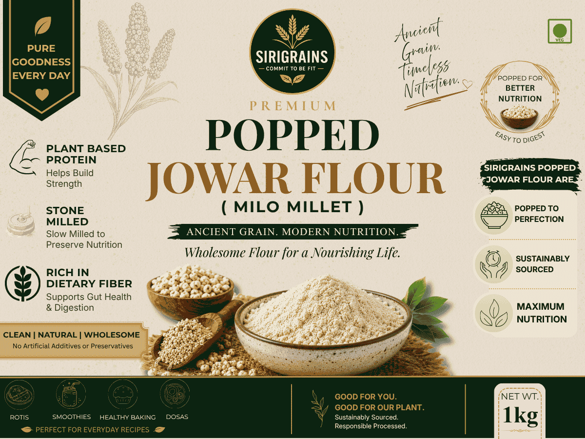 Close View of Premium Popped Jowar Flour Highlighting Naturally Roasted Texture Freshness and Fine Stone Ground Quality