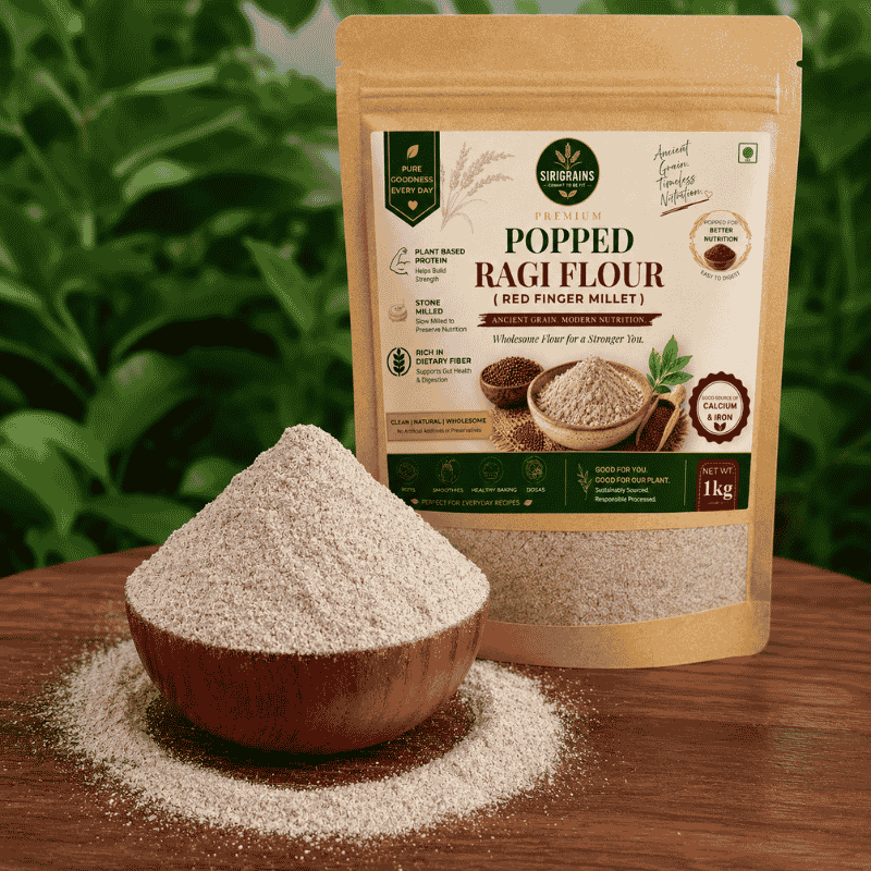 Fresh Popped Red Finger Millet Flour Showing Fine Roasted Texture Authentic Hurihittu Quality and Natural Freshness by Sirigrains