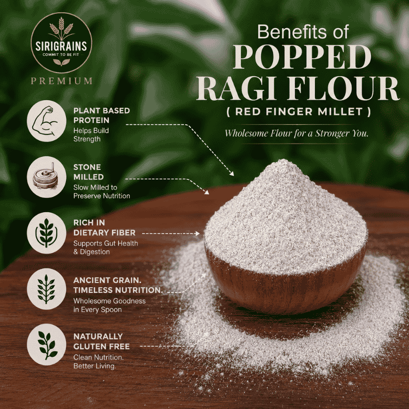Traditional Popped Ragi Flour Naturally Rich in Calcium Plant Based Nutrition and Wholesome Everyday Wellness by Sirigrains
